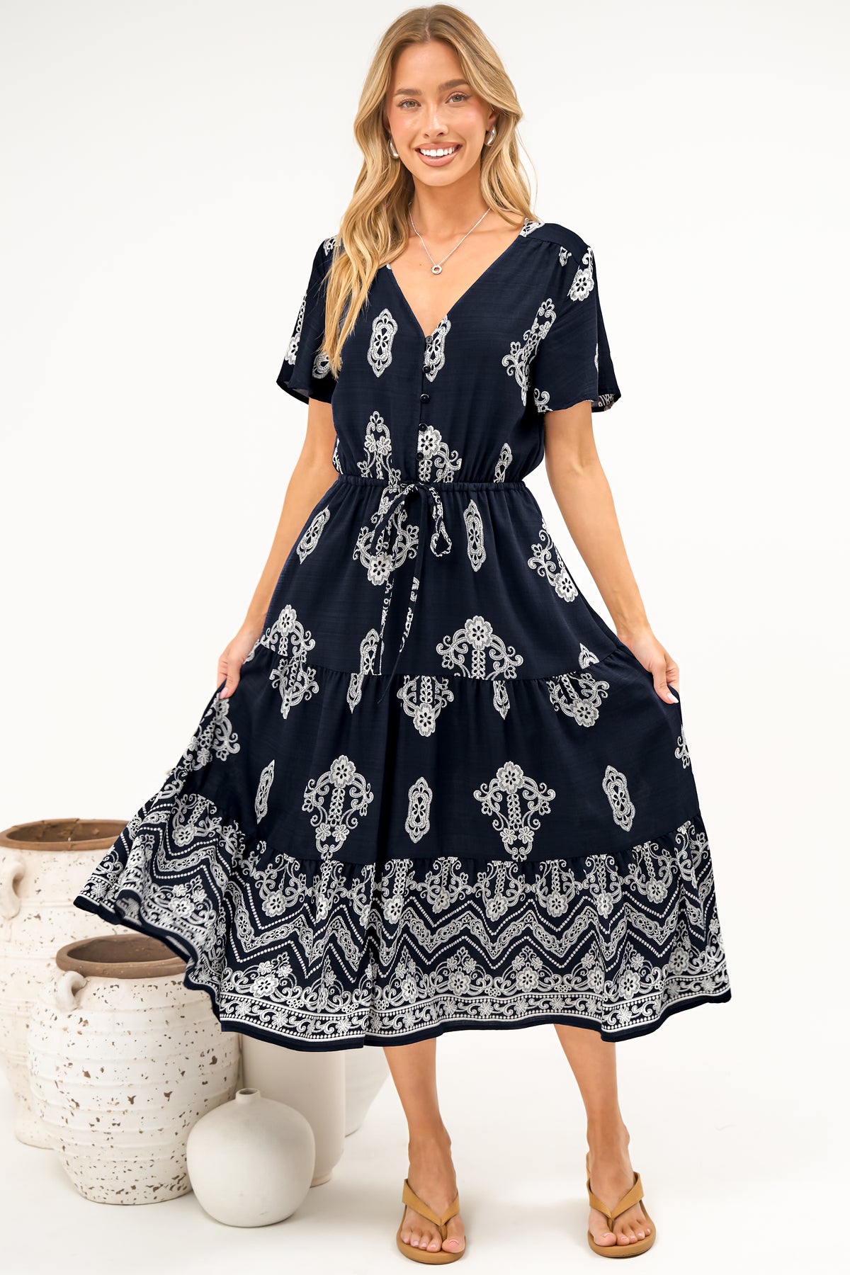 Soraya Midi Dress - V Neck Front Button A Line Dress with Adjustable Waist Tie in Azzurra Print Navy