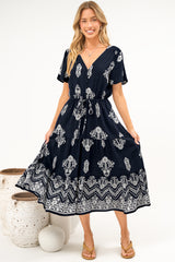 Soraya Midi Dress - V Neck Front Button A Line Dress with Adjustable Waist Tie in Azzurra Print Navy
