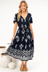 Soraya Midi Dress - V Neck Front Button A Line Dress with Adjustable Waist Tie in Azzurra Print Navy