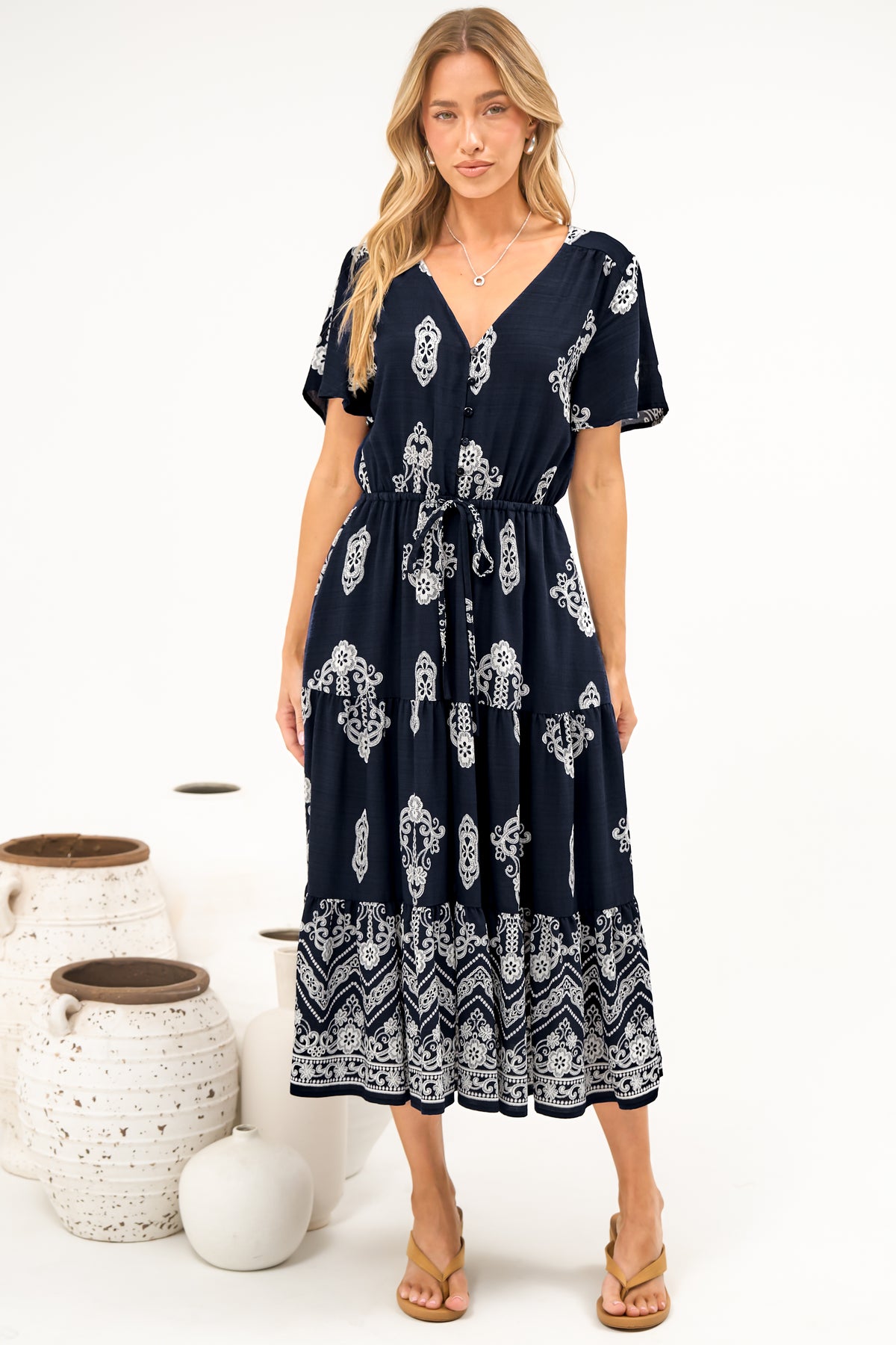 Soraya Midi Dress - V Neck Front Button A Line Dress with Adjustable Waist Tie in Azzurra Print Navy
