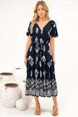 Soraya Midi Dress - V Neck Front Button A Line Dress with Adjustable Waist Tie in Azzurra Print Navy