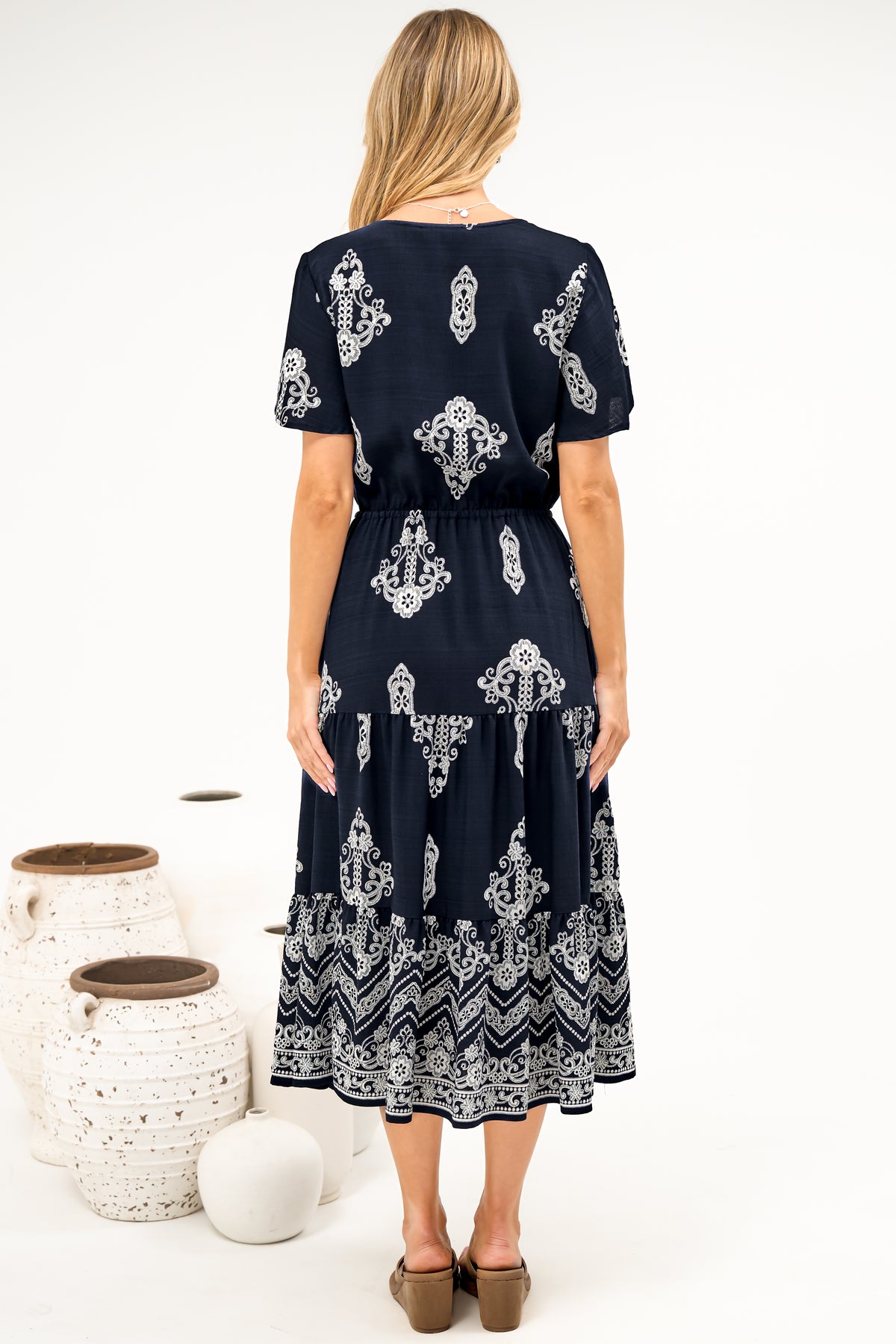 Soraya Midi Dress - V Neck Front Button A Line Dress with Adjustable Waist Tie in Azzurra Print Navy