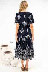 Soraya Midi Dress - V Neck Front Button A Line Dress with Adjustable Waist Tie in Azzurra Print Navy