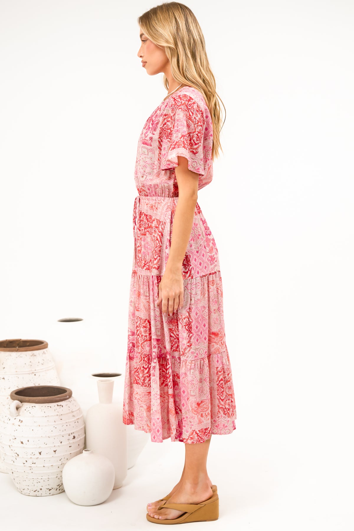 Soraya Midi Dress - V Neck Front Button A Line Dress with Adjustable Waist Tie in Coralise Print Pink