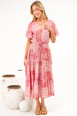 Soraya Midi Dress - V Neck Front Button A Line Dress with Adjustable Waist Tie in Coralise Print Pink