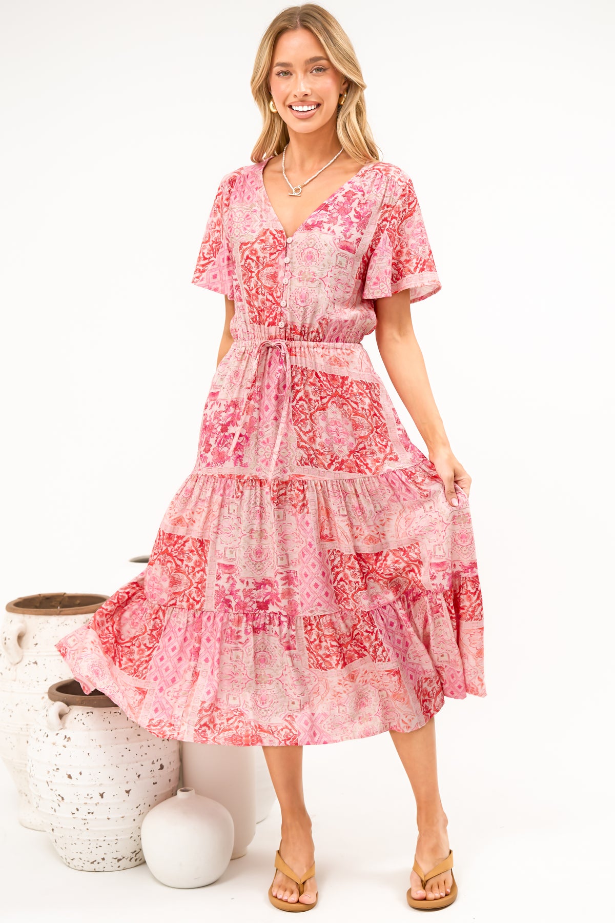 Soraya Midi Dress - V Neck Front Button A Line Dress with Adjustable Waist Tie in Coralise Print Pink