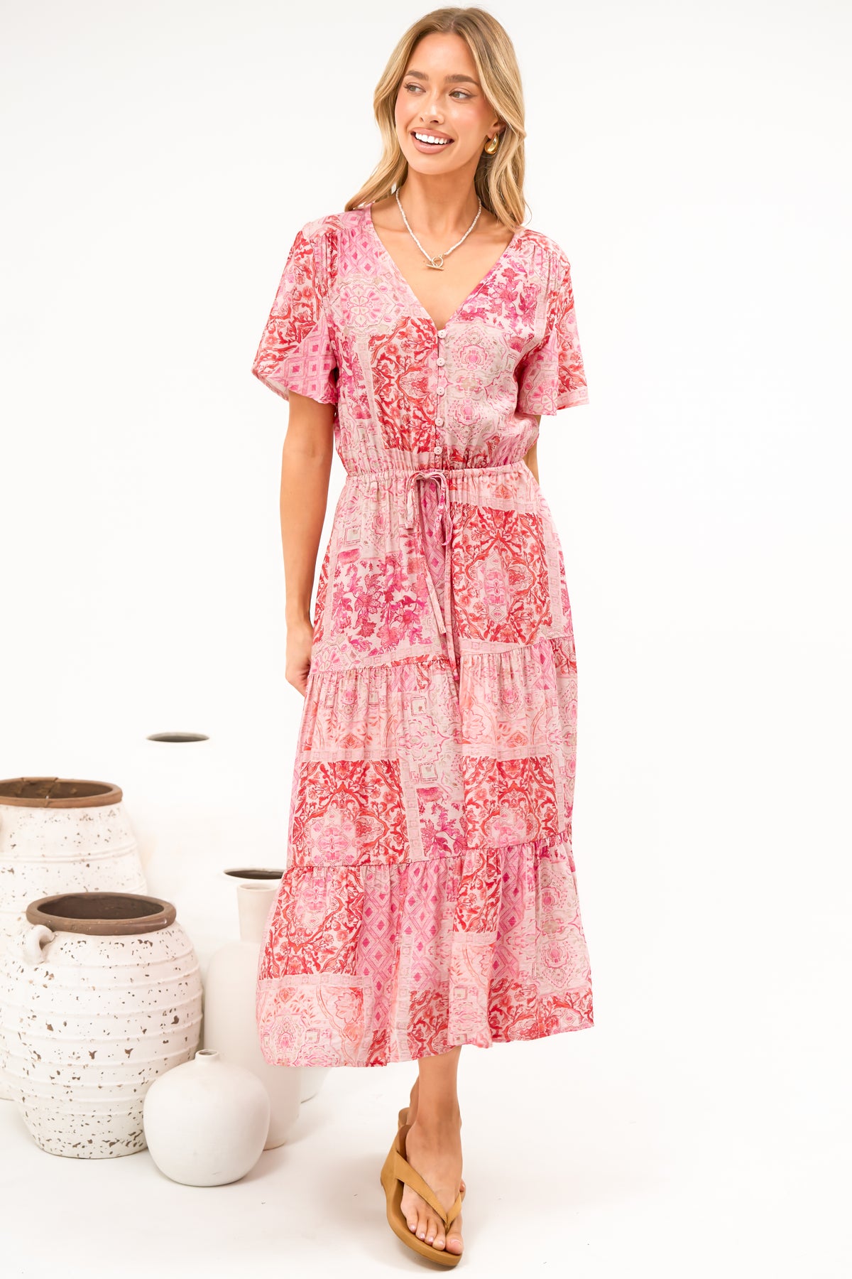 Soraya Midi Dress - V Neck Front Button A Line Dress with Adjustable Waist Tie in Coralise Print Pink