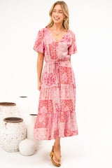 Soraya Midi Dress - V Neck Front Button A Line Dress with Adjustable Waist Tie in Coralise Print Pink