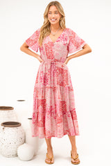 Soraya Midi Dress - V Neck Front Button A Line Dress with Adjustable Waist Tie in Coralise Print Pink