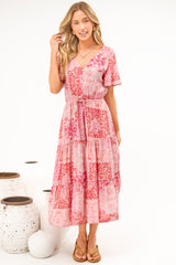 Soraya Midi Dress - V Neck Front Button A Line Dress with Adjustable Waist Tie in Coralise Print Pink