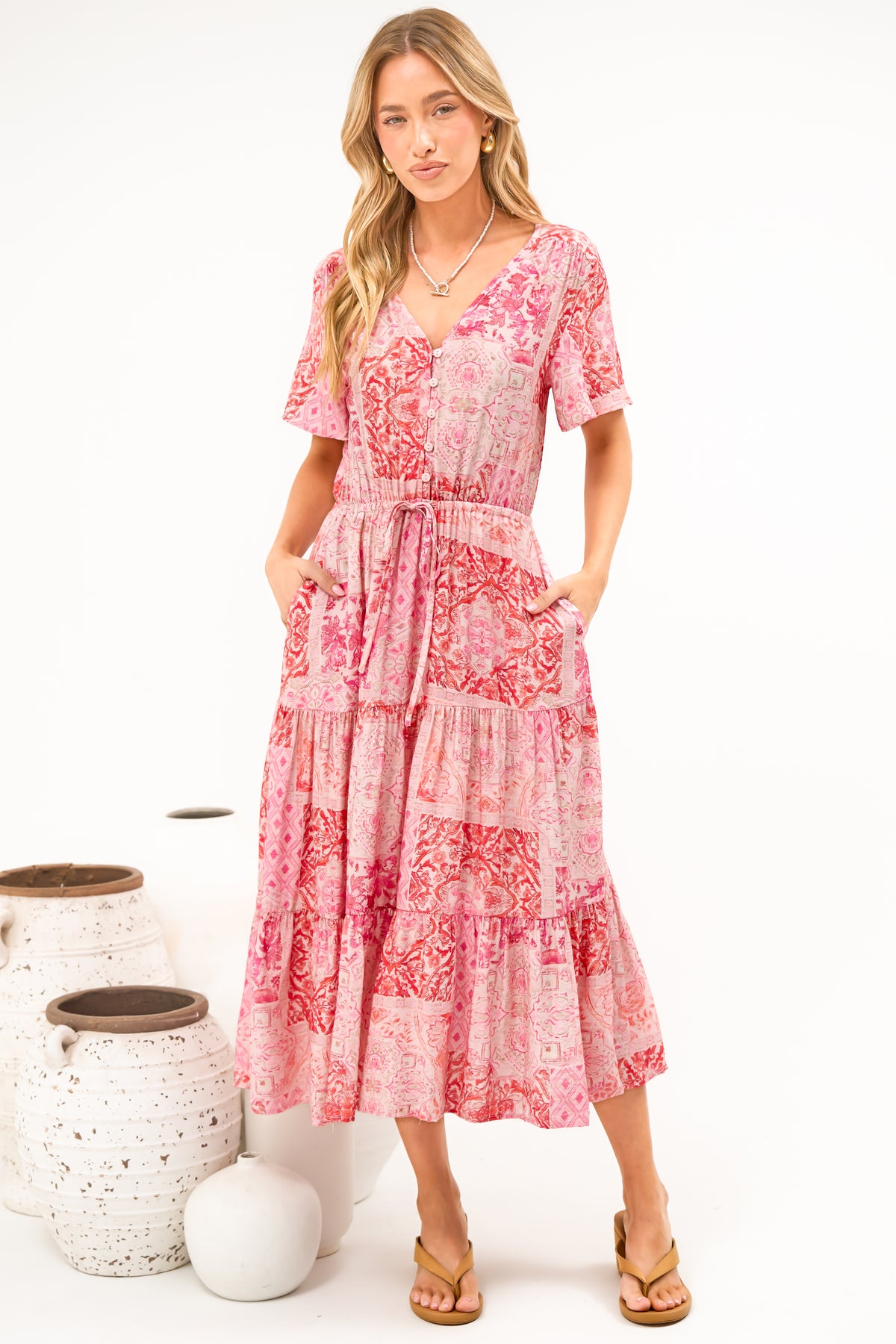 Soraya Midi Dress - V Neck Front Button A Line Dress with Adjustable Waist Tie in Coralise Print Pink