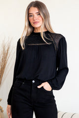 Sorbonne Top - Crew Neck Lace Splicing Pull Over with Balloon Sleeves in Black