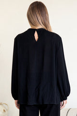 Sorbonne Top - Crew Neck Lace Splicing Pull Over with Balloon Sleeves in Black