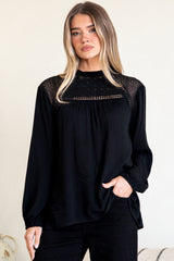 Sorbonne Top - Crew Neck Lace Splicing Pull Over with Balloon Sleeves in Black