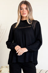 Sorbonne Top - Crew Neck Lace Splicing Pull Over with Balloon Sleeves in Black