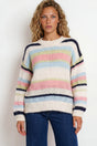 Woman wearing a colorful striped sweater against a white background