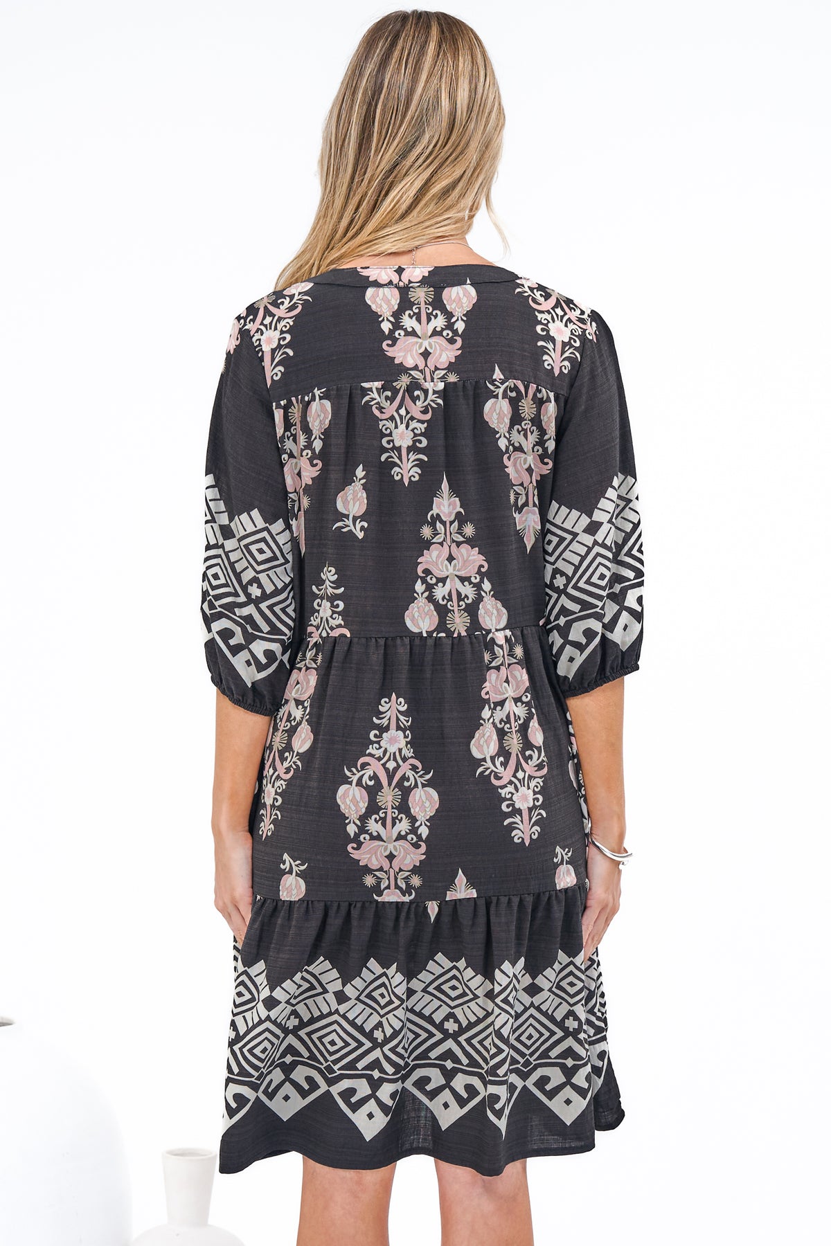 Sorrento Mini Dress - V-Neck Shift Dress with Balloon Sleeves in Destinys Print