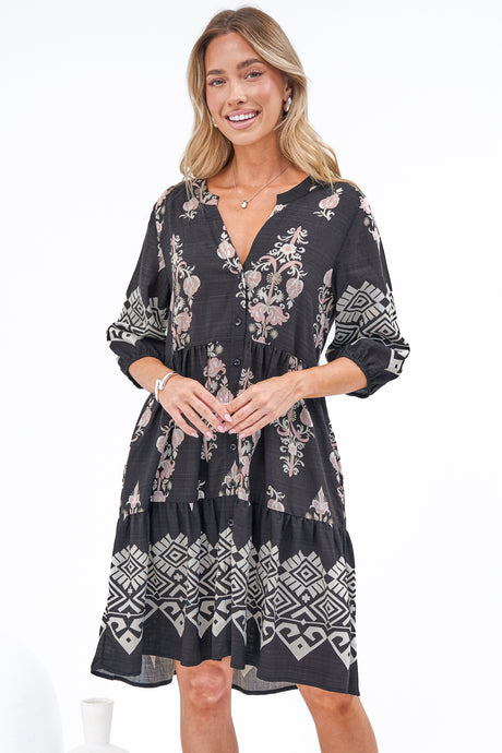 Sorrento Mini Dress - V-Neck Shift Dress with Balloon Sleeves in Destinys Print