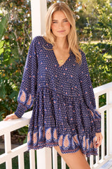 JAASE - Soul Mini Dress: Mandarin Collar V Neck Long Sleeve Smock Dress in the Alaska Print