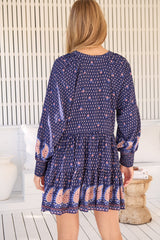 JAASE - Soul Mini Dress: Mandarin Collar V Neck Long Sleeve Smock Dress in the Alaska Print