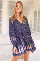 JAASE - Soul Mini Dress: Mandarin Collar V Neck Long Sleeve Smock Dress in the Alaska Print