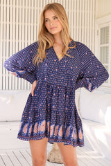 JAASE - Soul Mini Dress: Mandarin Collar V Neck Long Sleeve Smock Dress in the Alaska Print