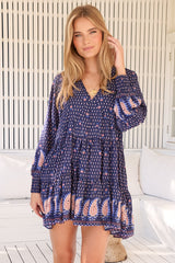 JAASE - Soul Mini Dress: Mandarin Collar V Neck Long Sleeve Smock Dress in the Alaska Print