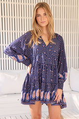 JAASE - Soul Mini Dress: Mandarin Collar V Neck Long Sleeve Smock Dress in the Alaska Print