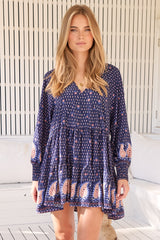 JAASE - Soul Mini Dress: Mandarin Collar V Neck Long Sleeve Smock Dress in the Alaska Print