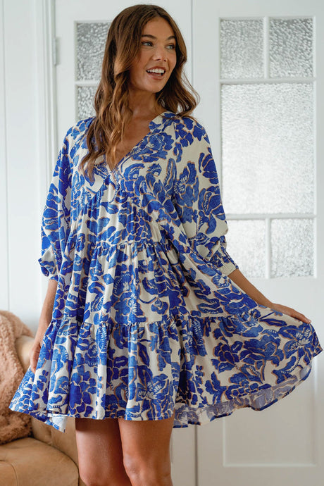 JAASE - Soul Mini Dress: Mandarin Collar V Neck Long Sleeve Smock Dress in the Indigo Bloom Print