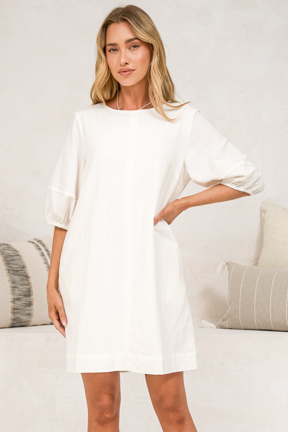 Spencer Mini Dress - Boxy Shift Dress with Puff Sleeves and Pockets in White