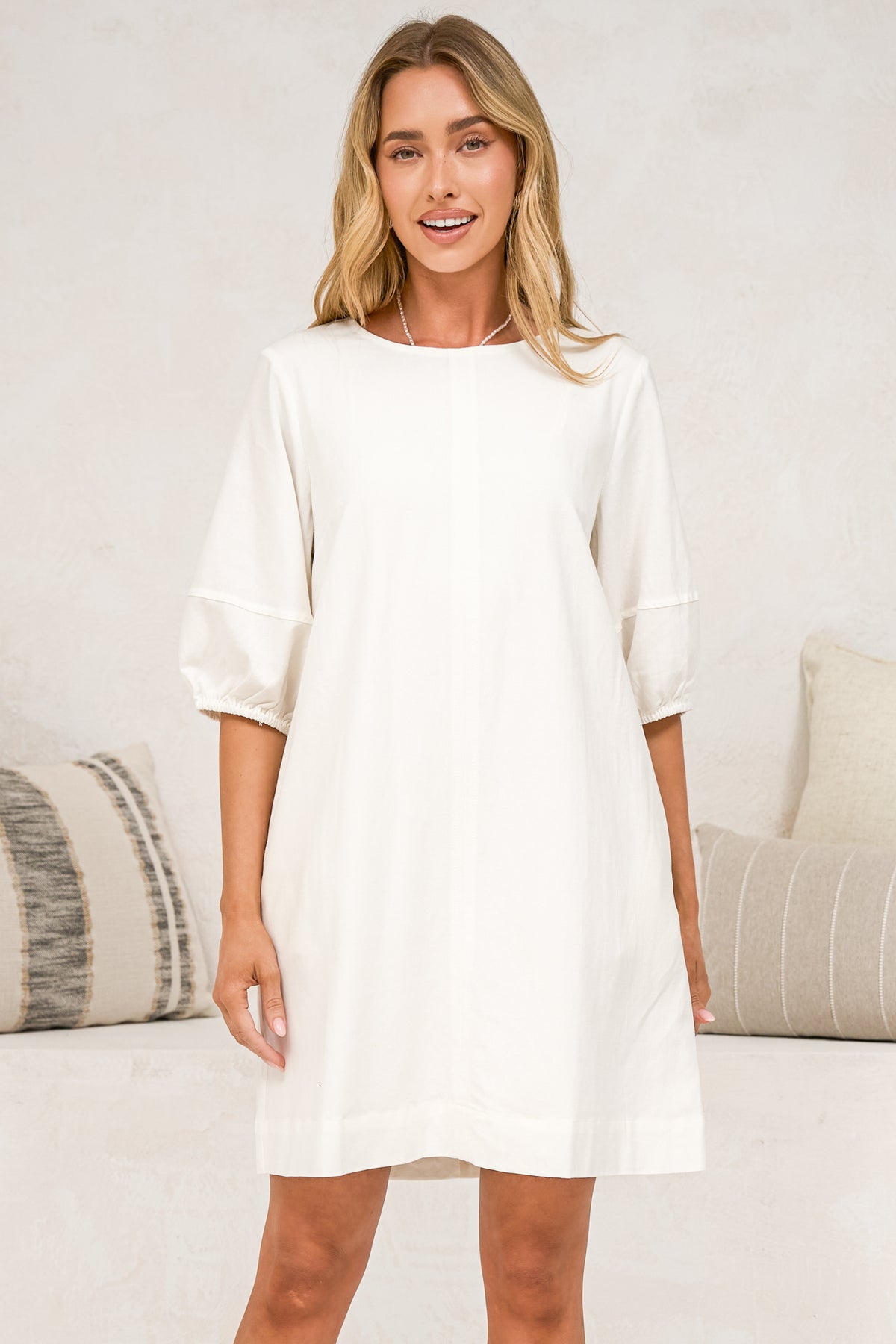Spencer Mini Dress - Boxy Shift Dress with Puff Sleeves and Pockets in White