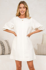 Spencer Mini Dress - Boxy Shift Dress with Puff Sleeves and Pockets in White