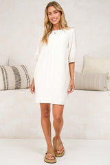 Spencer Mini Dress - Boxy Shift Dress with Puff Sleeves and Pockets in White
