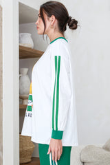 Spritz Long Sleeve Tee - Crew Neck Contrast Stripe Graphic T-Shirt in White
