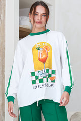 Spritz Long Sleeve Tee - Crew Neck Contrast Stripe Graphic T-Shirt in White
