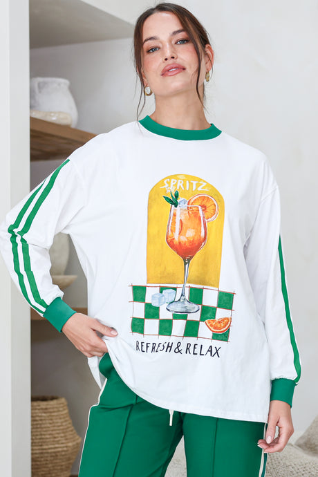 Model wearing Spritz Long Sleeve Tee in White from Salty Crush