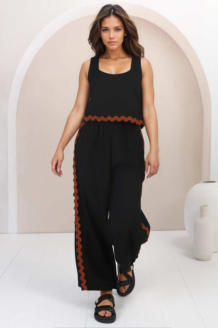 Bailie Linen Set - Boxy Top and Pant Set with Rick Rack Detailing in Black