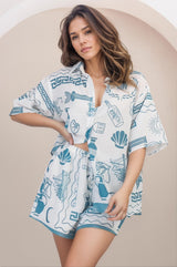 Mirian Button Up Shirt And Shorts Set - Piper Print in Blue