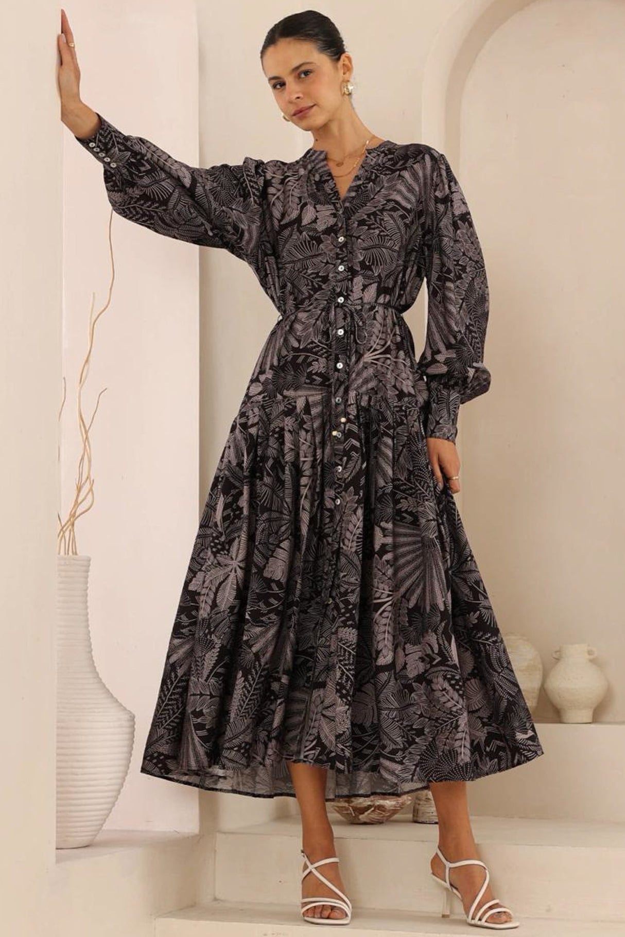 Starren Maxi Dress - Mandarin Collar Button Down Dress with Waist Tie in Midnight Flora Print