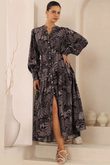 Starren Maxi Dress - Mandarin Collar Button Down Dress with Waist Tie in Midnight Flora Print