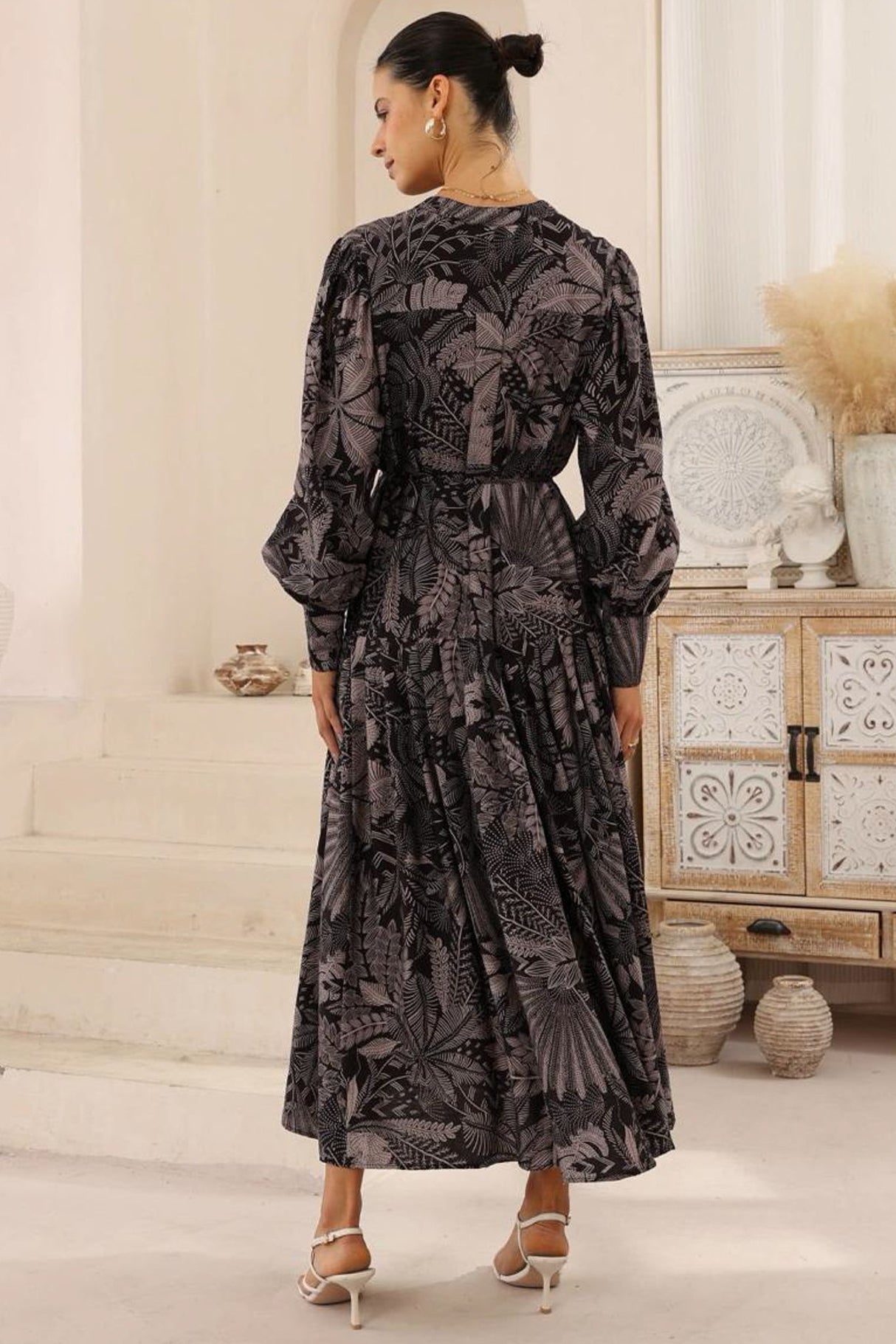 Starren Maxi Dress - Mandarin Collar Button Down Dress with Waist Tie in Midnight Flora Print