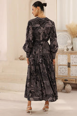 Starren Maxi Dress - Mandarin Collar Button Down Dress with Waist Tie in Midnight Flora Print