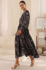 Starren Maxi Dress - Mandarin Collar Button Down Dress with Waist Tie in Midnight Flora Print