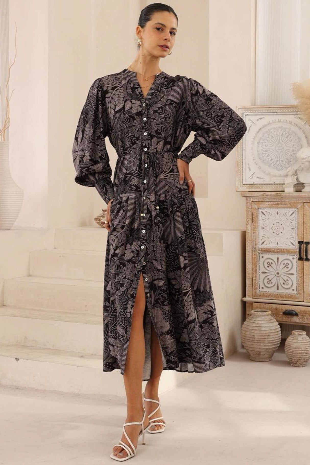 Starren Maxi Dress - Mandarin Collar Button Down Dress with Waist Tie in Midnight Flora Print