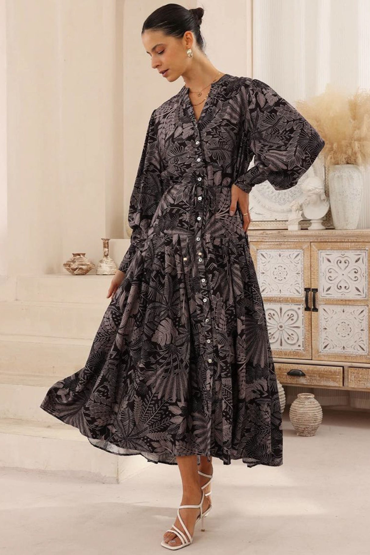 Starren Maxi Dress - Mandarin Collar Button Down Dress with Waist Tie in Midnight Flora Print