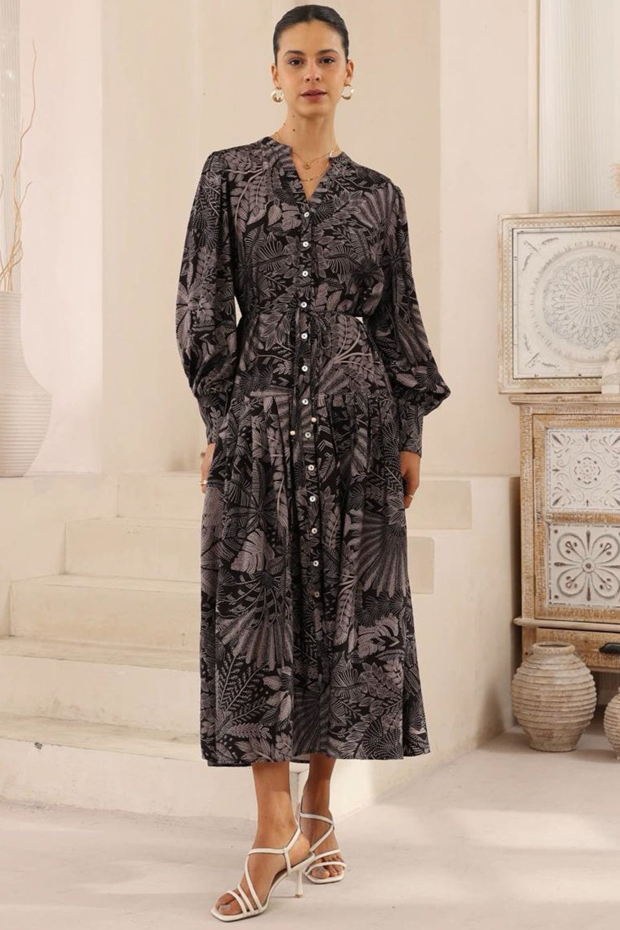 Starren Maxi Dress - Mandarin Collar Button Down Dress with Waist Tie in Midnight Flora Print