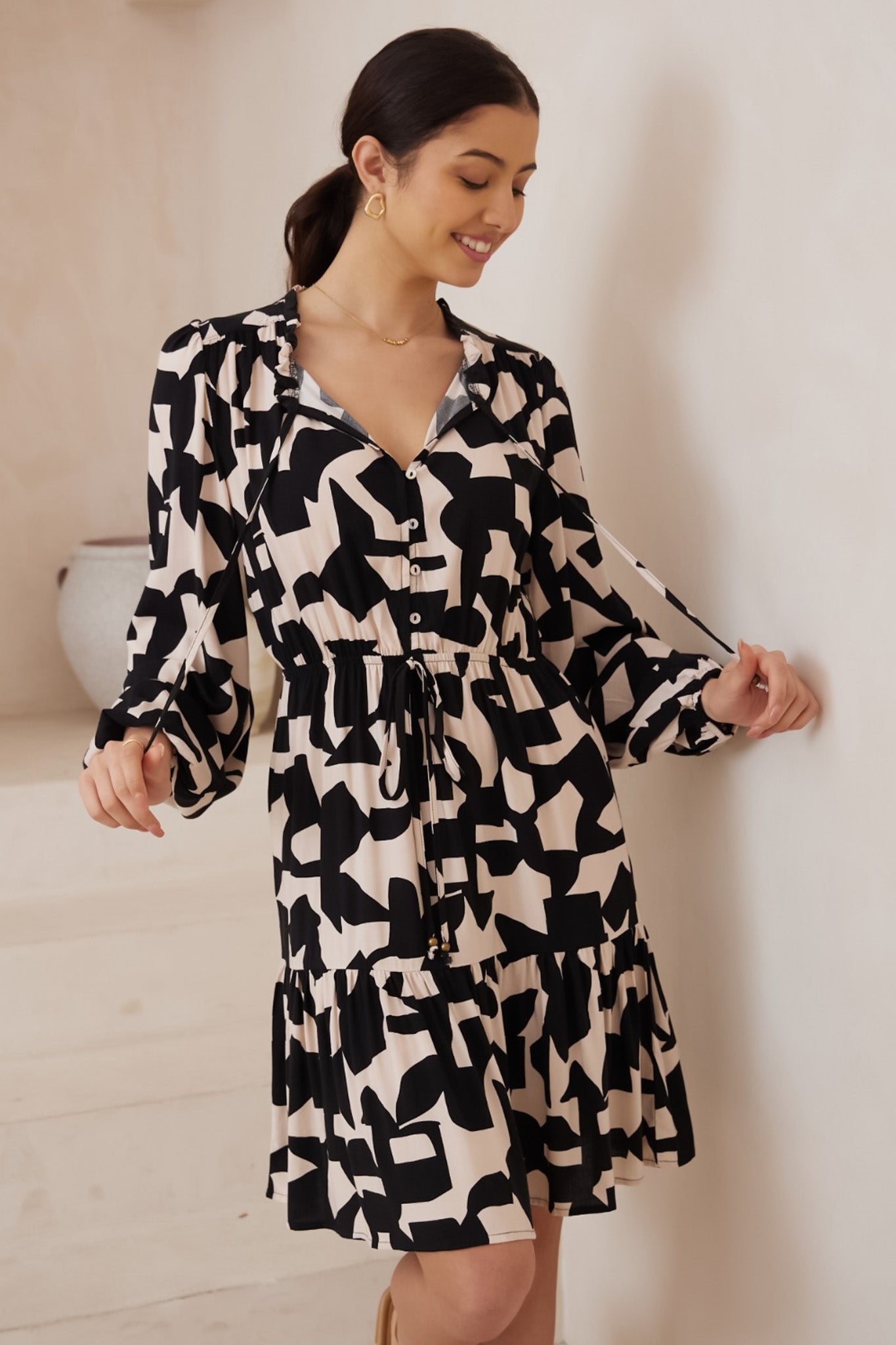 Stazie Mini Dress Long Sleeve Pull Tie Waist Dress in Adley Print