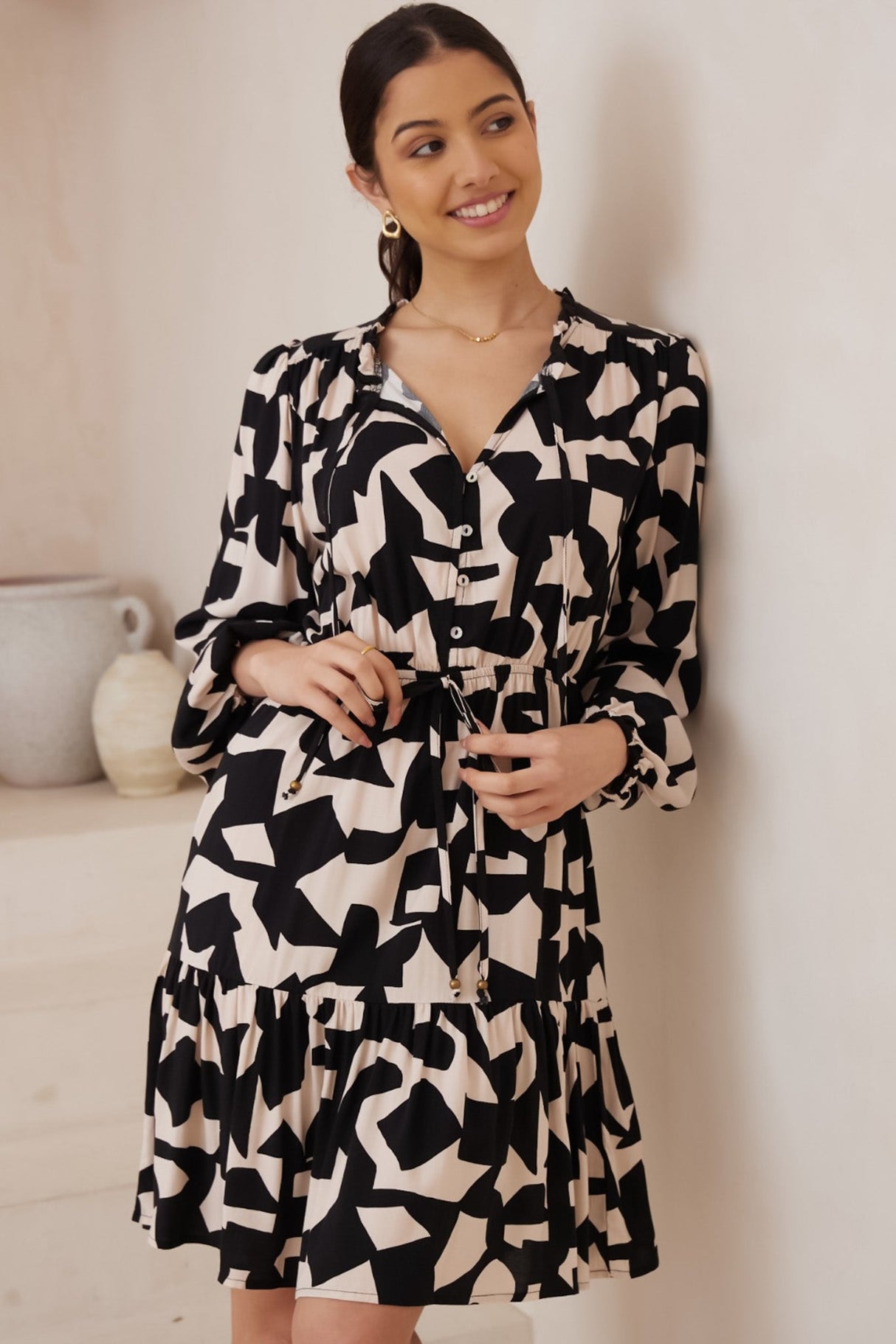 Stazie Mini Dress - Long Sleeve Pull Tie Waist Dress in Adley Print