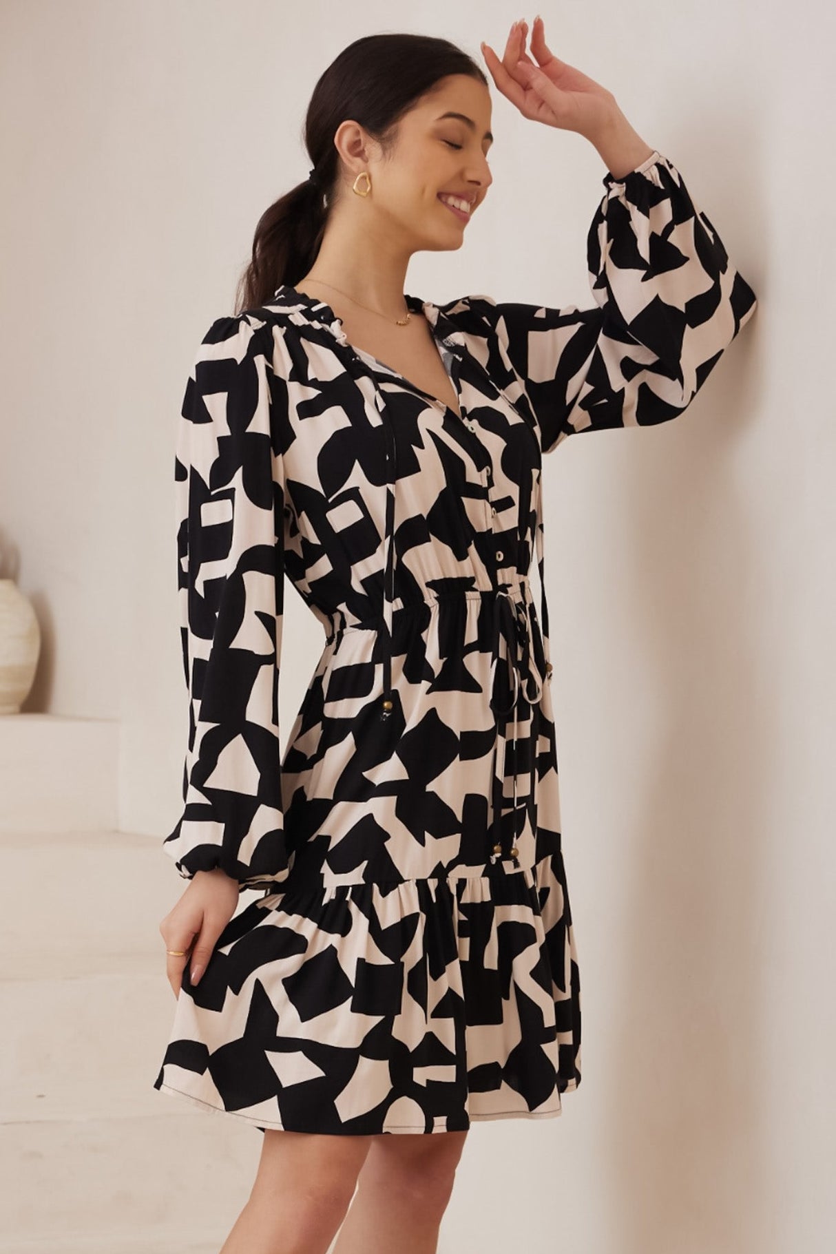 Stazie Mini Dress - Long Sleeve Pull Tie Waist Dress in Adley Print